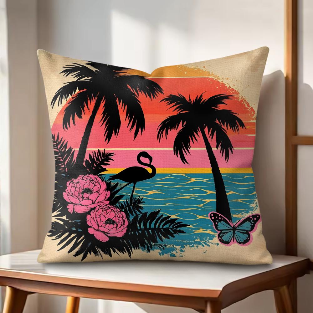 Tropical Palm Flamingo Cushion Cover Natural Linen Organic Fabric DoubleSided Printing Couch Pillow Covers Home Decor