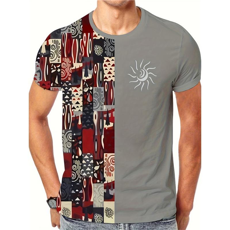 Camiseta casual masculina com blocos de cores, estampa 3D, gola redonda, manga curta, camiseta grande, roupas masculinas, tops, streetwear, verão