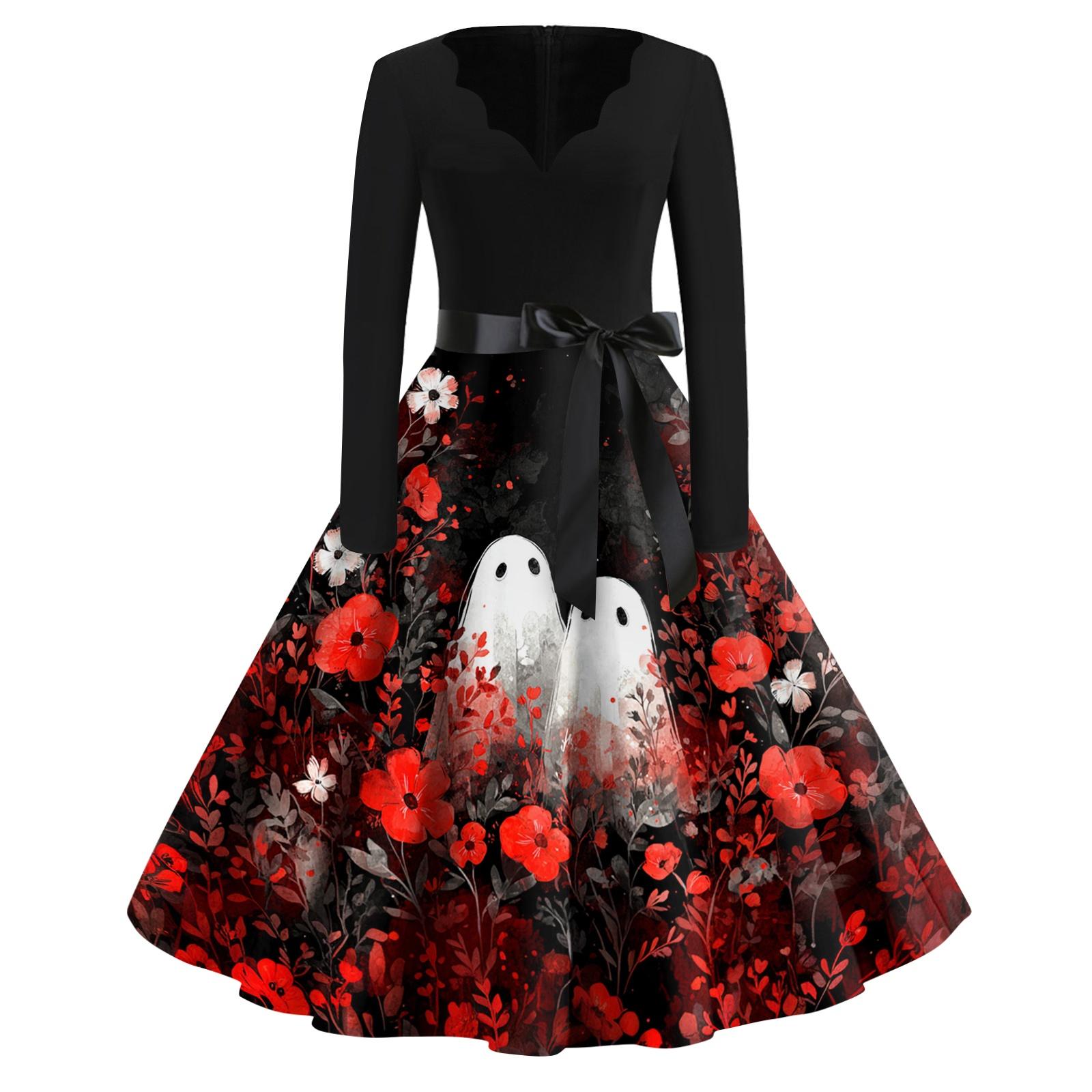 

Women Casual Halloween Print V Neck Vintage Dress Long Sleeve Retro Style Fit and Flare Midi Dress with Waist Tie Ribbon M