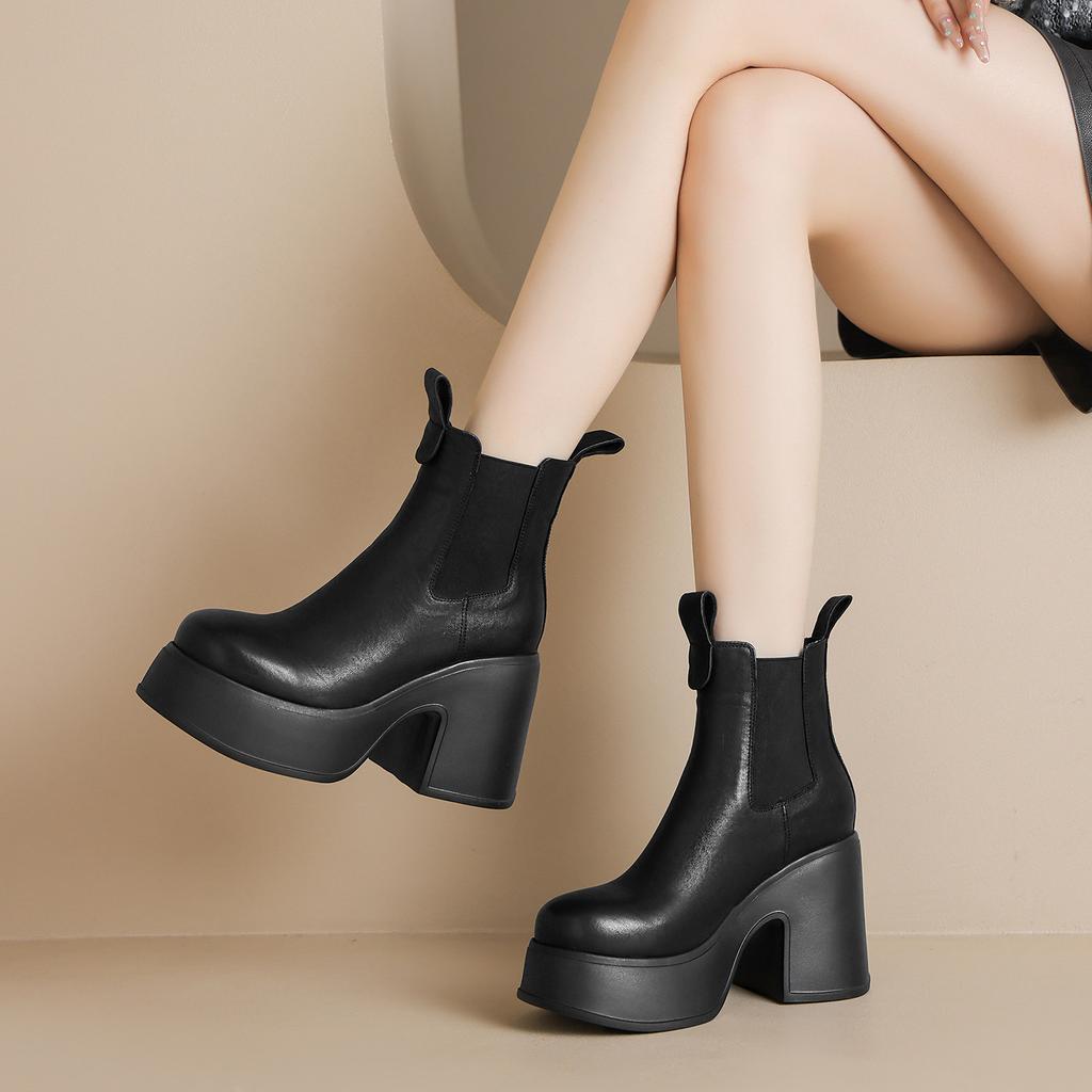 Leather Velvet Platform Martin Boots Women's Boots 2025 Autumn and Winter New Super High Heels Elastic Band Round Head Short Boots Women
