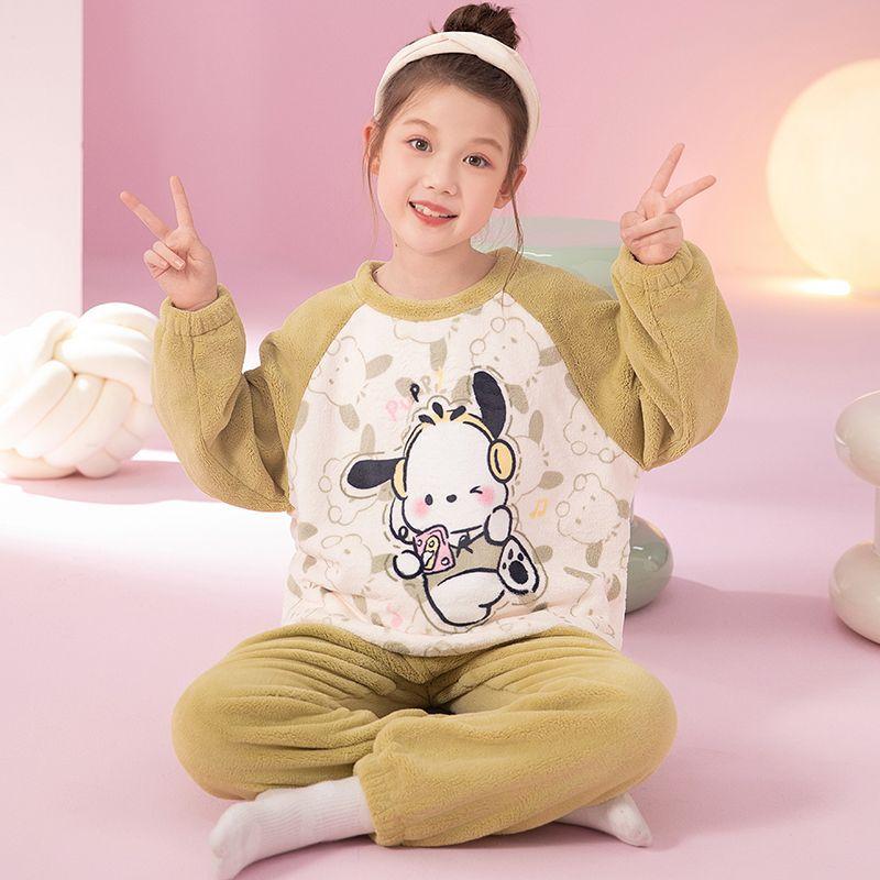 Kids Flannel Pajamas Set Boys Girls Warm Long Sleeve Top And Pants Sleepwear Winter Home Nightwear