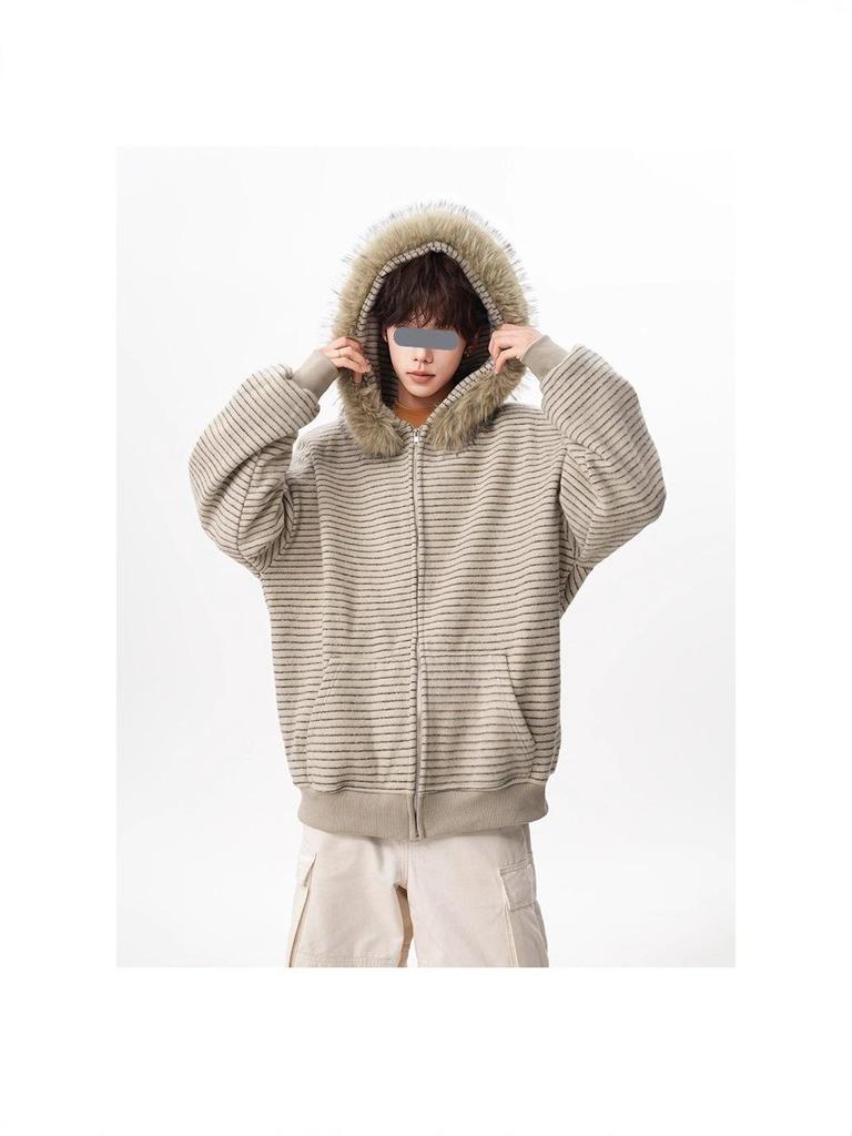 Unisex American Retro Faux Fur Collar Striped Hooded Jacket - Versatile Loose Cardigan for Autumn/Winter
