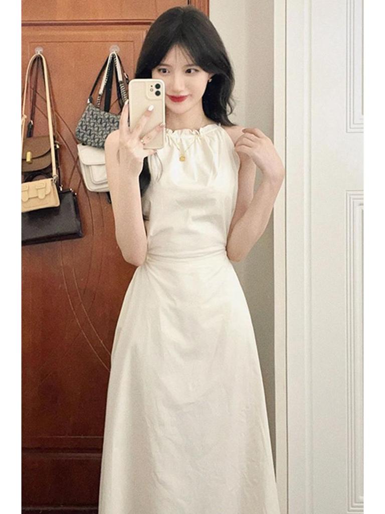 Elegant French Niche Backless Halter Strap Hollow Sleeveless Tie Long Dress