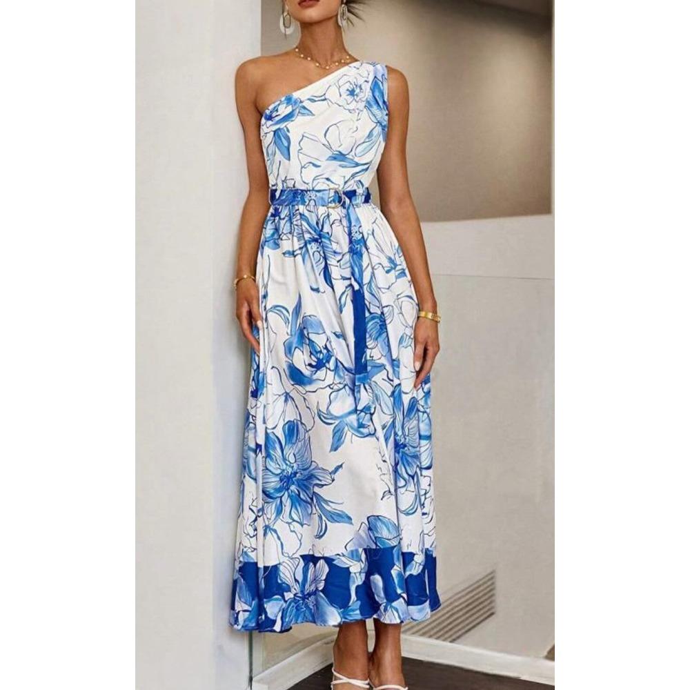 Women s One Shoulder Sleeveless Midi Dress A Line High Waist Streetwear Floral Print Summer Beach Dress S