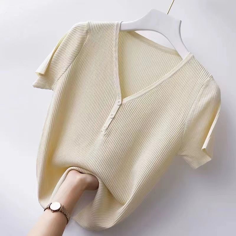 Women Ice Silk Short Sleeve Knitted V Neck T Shirt Versatile Pullover Simple Top