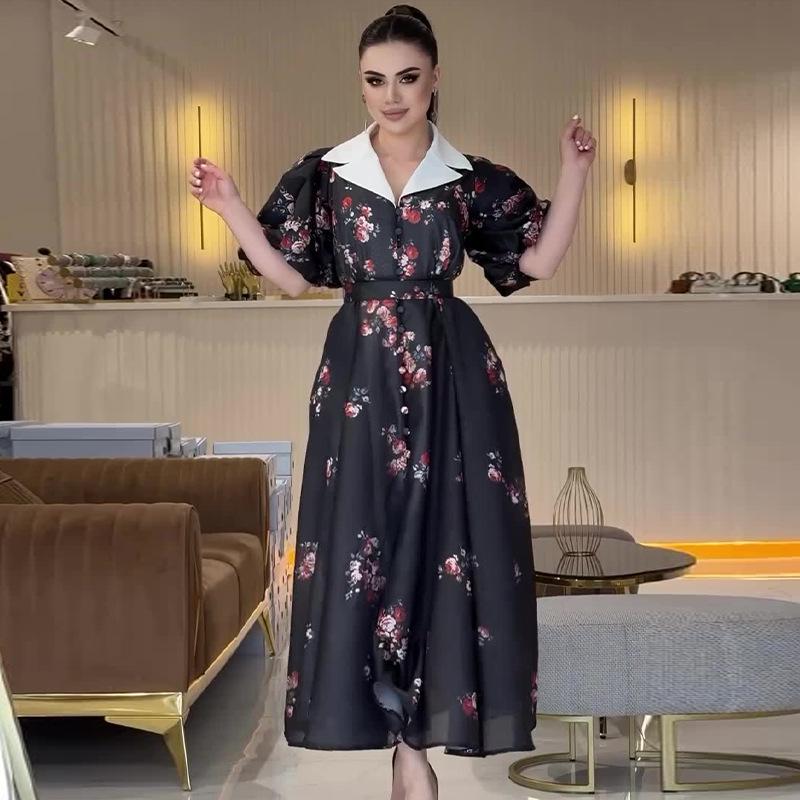 2024 Summer Women's Fashion Color-Block Puff Sleeve Waist-Tied Long Dress