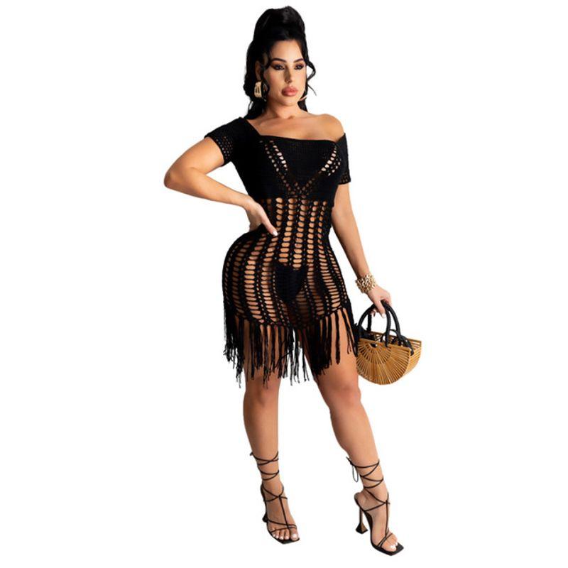 

Пляжная юбка с бахромой, вязаное платье с вырезами, пляжное платье с кисточками, ажурное платье black L