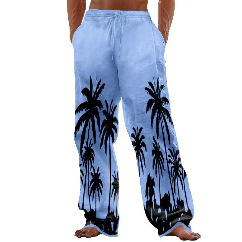 New beach men's printed casual cotton linen loose trousers
