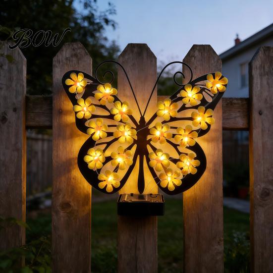 Outdoor Solar Butterfly Sculpture 2Pcs Lights Metal Wall Decor, IP65 Waterproof Hanging Lights, Art for Garden Fence Patio Porch Yard Balcony