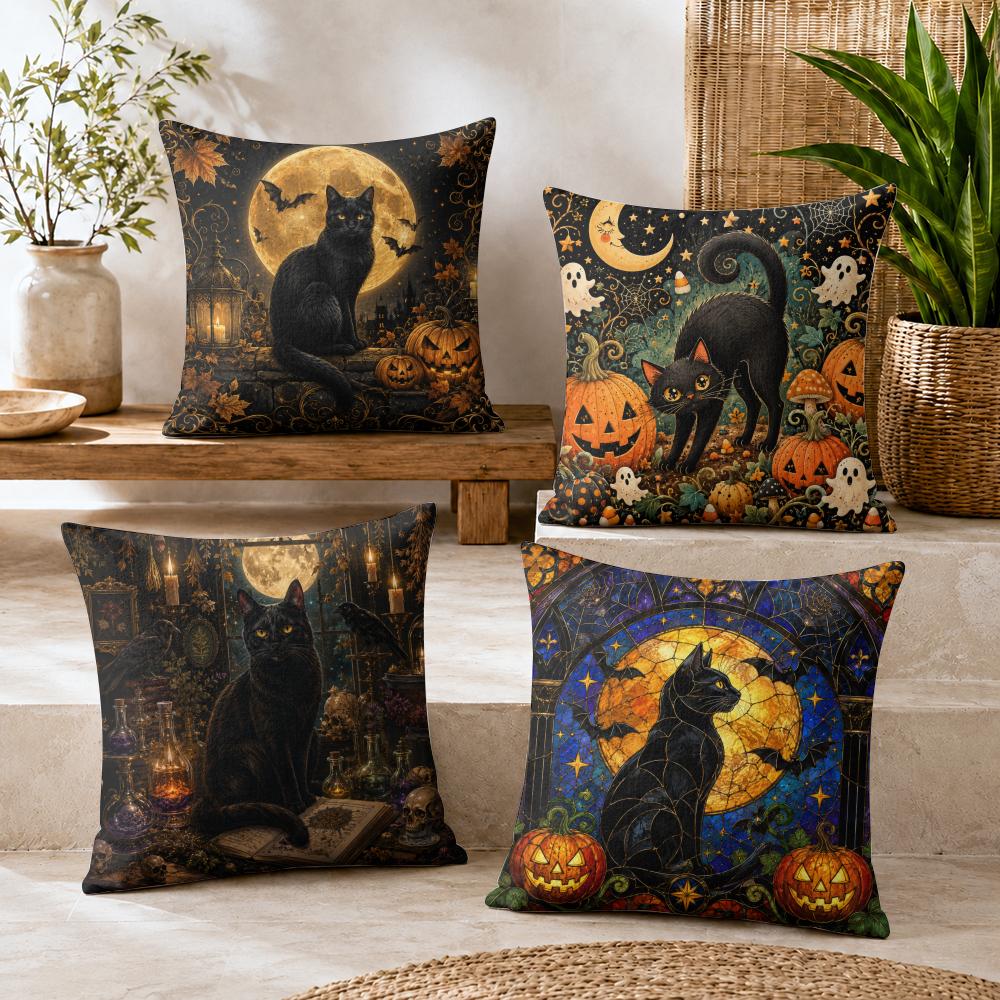 Art Black Cat Halloween Cushion Cover Durable Hypoallergenic Organic Linen Pillow Cover Short Size Washable SkinFriendly