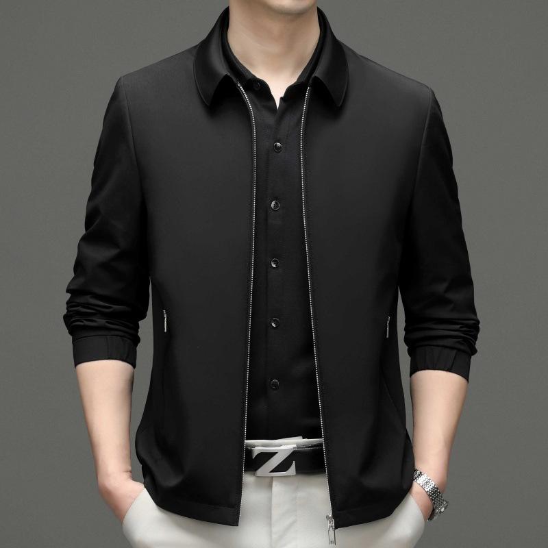 Men's Middle-aged Mulberry Silk Jacket Spring and Autumn New Business Casual Lapel Versatile Daddy Men's Thin Jacket