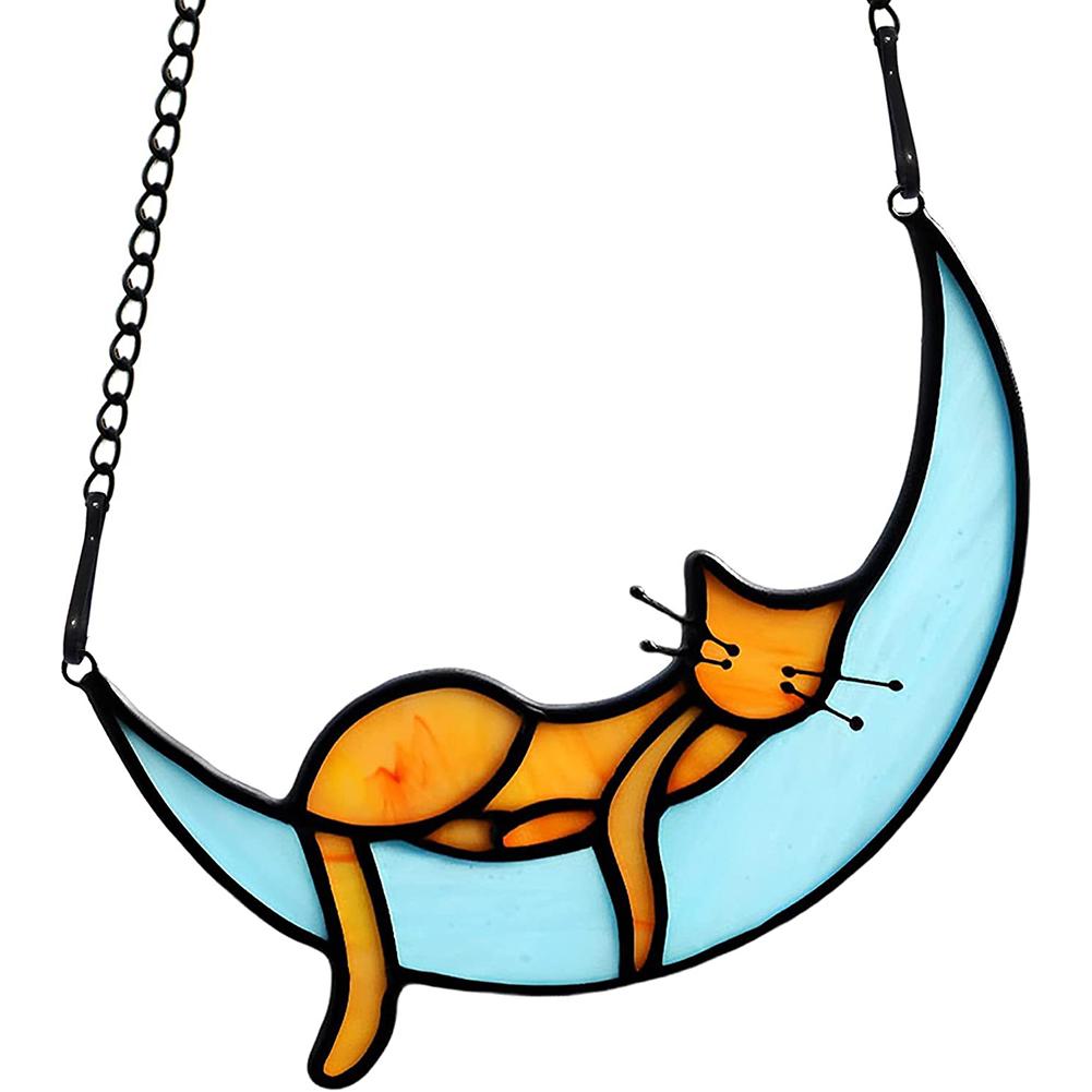Colorful Cat In Moon Ornament Window Hangings Cat Memorial Gifts Windows Cars Decoration For Cat Lovers
