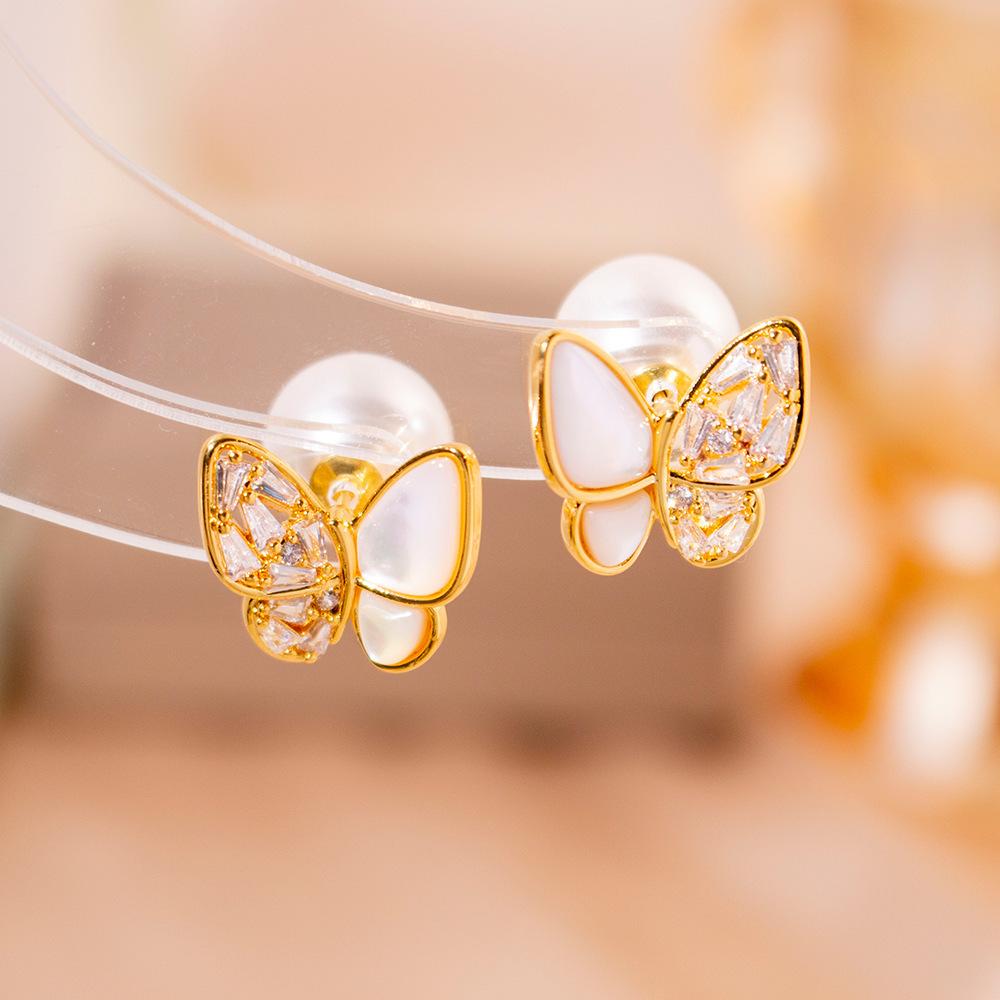 Simple Zircon Butterfly Earrings Light Luxury High-end Stud Earrings Temperament Fashionable Sweet Pearl Earrings Women