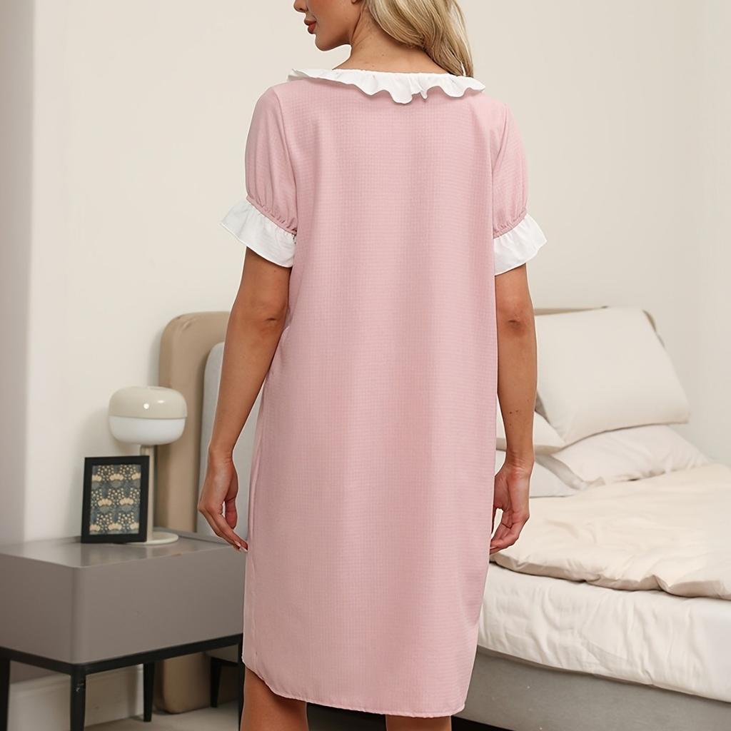 New Style Baby Collar Nightgown for Girls, Summer Short-sleeved Loose Mid-length Ruffled Edge Sweet Home Wear