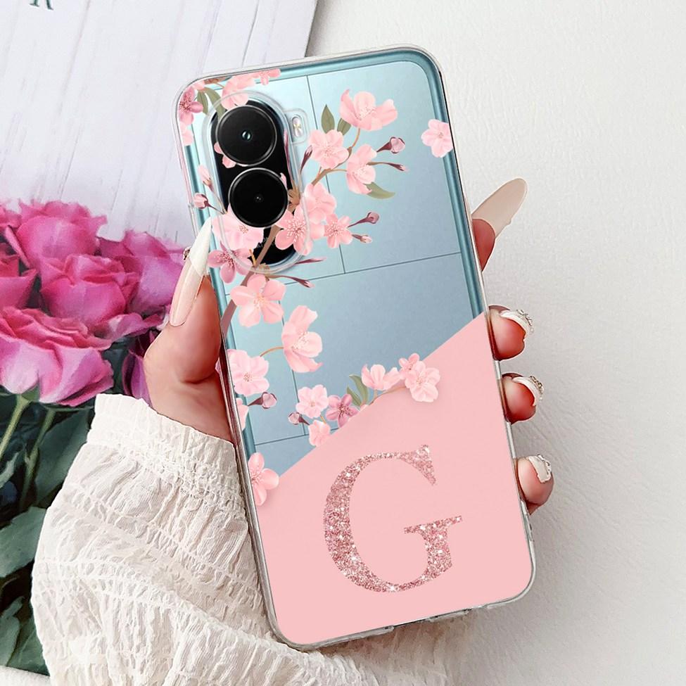 For Xiaomi Poco M7 4G Case Cover Transparent Aesthetic A-Z Letters Fashion Flowers Crown Soft Bumper Casing