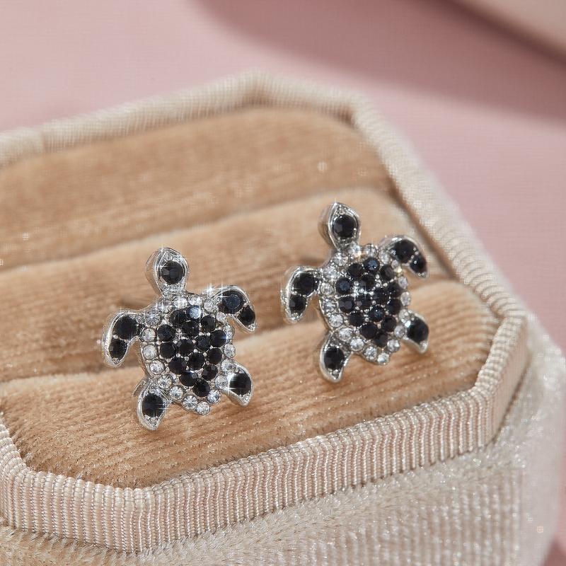 Cute Exquisite Lady Little Sea Turtle White Black Zircon Stud Earrings Small Simple Retro Marine Animal Engagement Zircon Gift