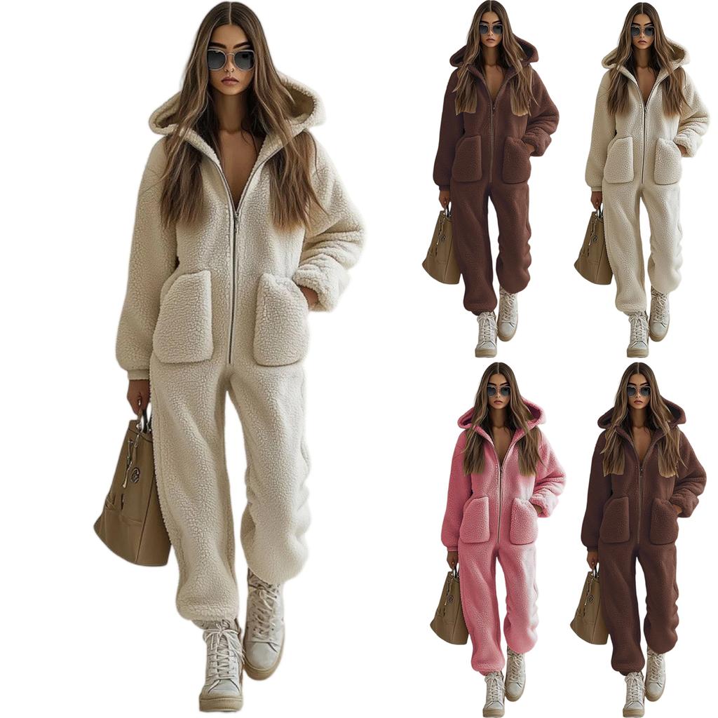 Salopetă de pluș pentru femei cu glugă și buzunar, largă, cu picior drept