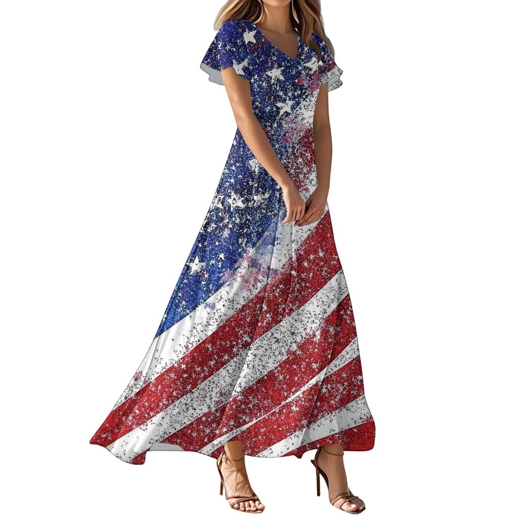 Women's Casual Fashion Print Long Dresses V-Neck Short Sleeve Dresses