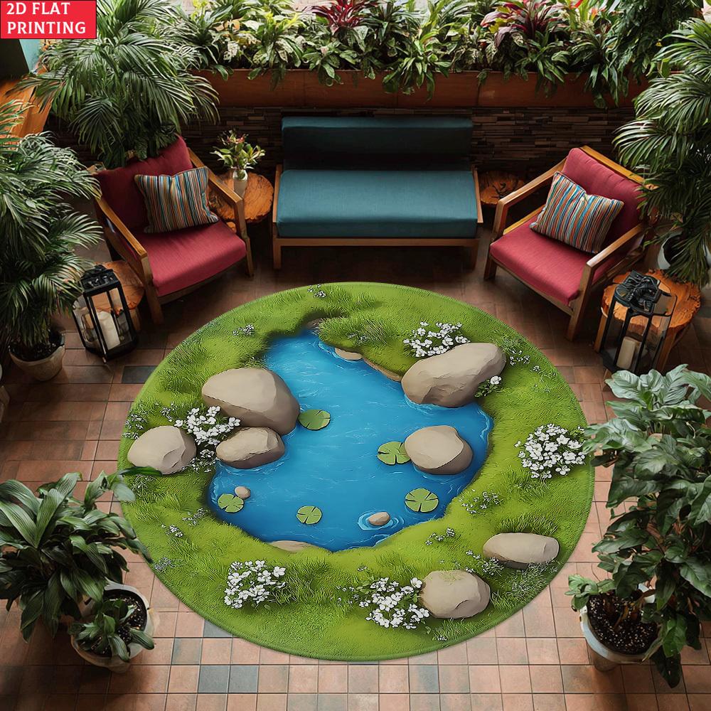 HD Small Pond with Stones Round Floor Mat – Nature Inspired Decorative Rug for Entryway, Living Room, Yoga, and Meditation