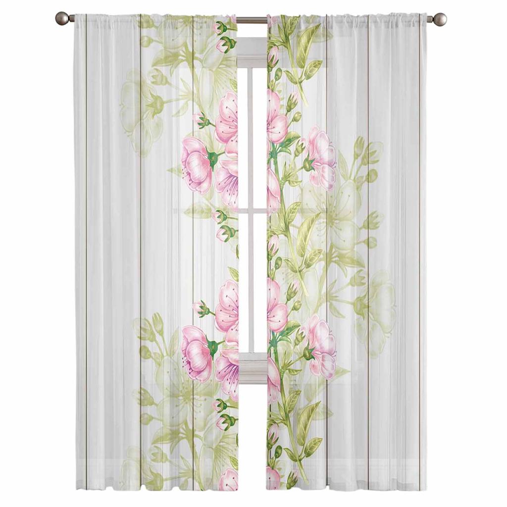 Holzmaserung Frühling Pflanze Kirschblüte Tüll Gardinen für Wohnzimmer Schlafzimmer Küche für Fenster Voile Vorhänge Home Decor