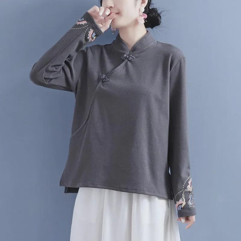 

Самонагревающийся двусторонний бархатный вышитый женский топ с воротником-стойкой на пуговицах - осень/зима 2024 г. в китайском стиле 3XL (75-85 kg)