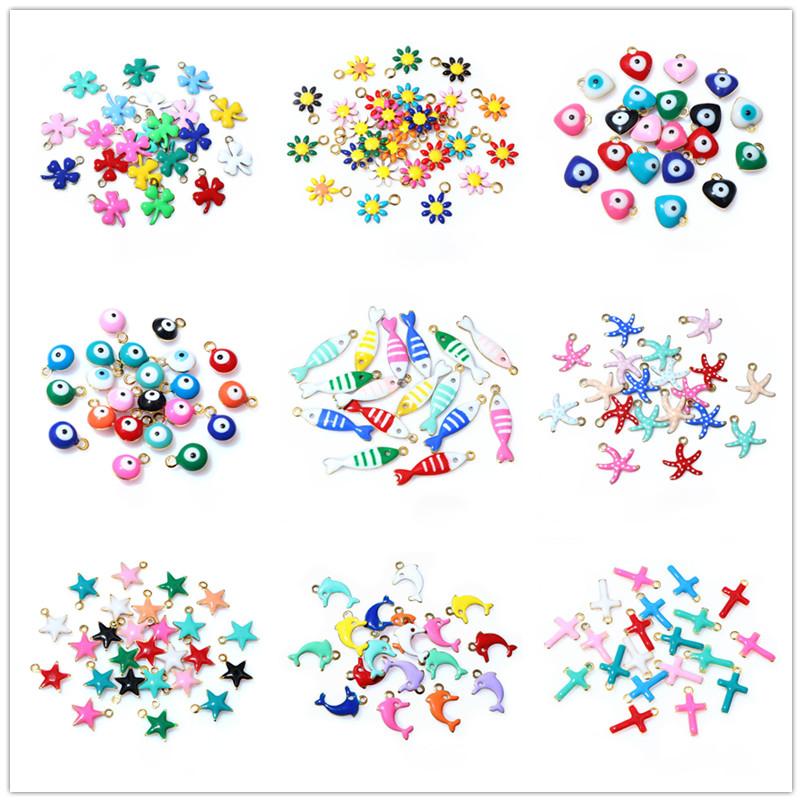 20pcs Random Mix Cute Stainless Steel Enamel Charms Pendant Fish Starfish Flower Evil Eyes DIY Jewelry Making Accessories