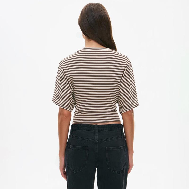 Q25TP400 Women's Slim-Fit Autumn Striped Round Neck Short Sleeve Top