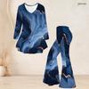 Women Plus Size V Neck Three Quarter Sleeve Printed Blue Flared Top And Flared Pants Two Piece Set