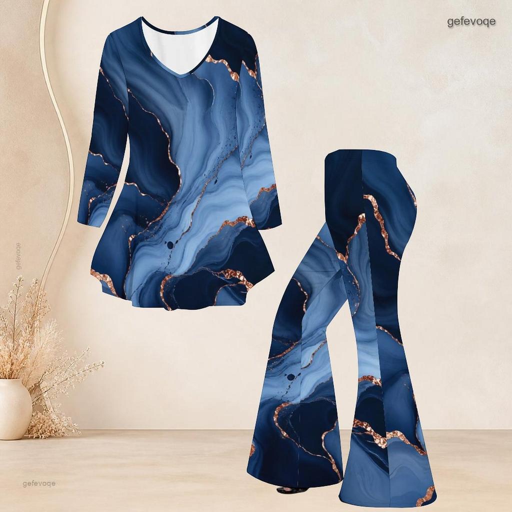 Women Plus Size V Neck Three Quarter Sleeve Printed Blue Flared Top And Flared Pants Two Piece Set