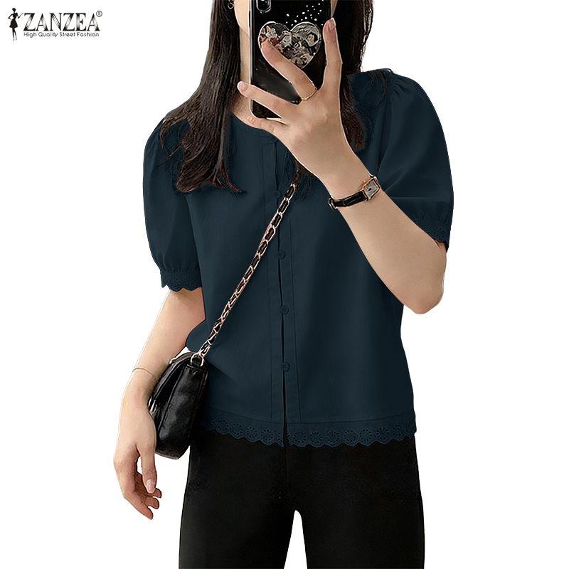 ZANZEA Dam Casual Rund Hals Sommar Kortärmad Blus