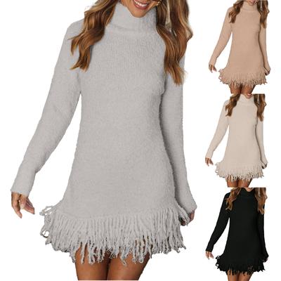 Women's Fringed Fashionable Knitted Sweater High-neck Sweater Dress