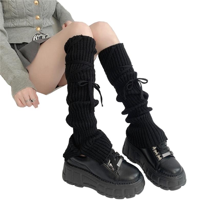 Girls Lolitas Leg Warmers Bows Lace Up Knit Flared Leg Sleeves Goth Baggy Cuffs Ankle Heap Socks JK Uniform Foot Cover