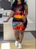 1116 new casual sports style digital printing shoulder sleeve T-shirt high waist tight shorts fashion suit women