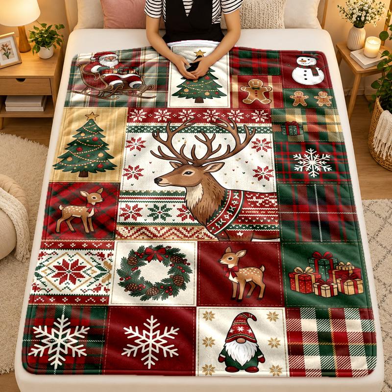 Christmas Theme Flannel Blanket, Warm Soft Throw Blanket, Xmas Holiday Home Gift