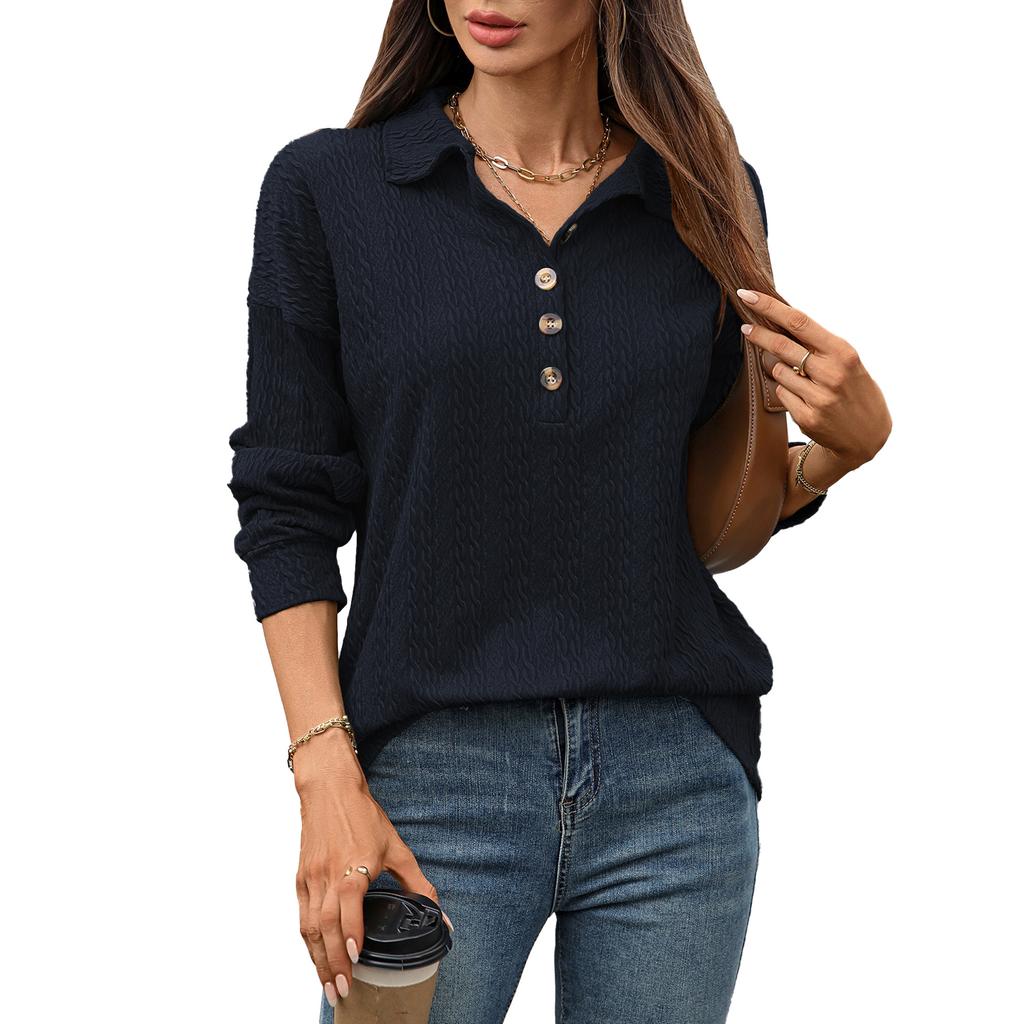 A New Solid-color Lapel Button Loose Long-sleeved Sweatshirt for Women In Autumn and Winter
