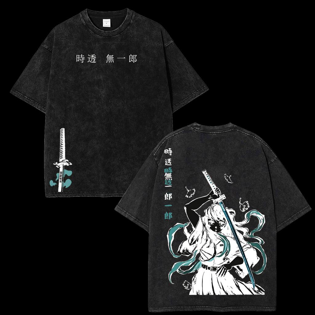 Japanese Streetwear Vintage Washed Oversized T-shirt Men Women Heavyweight Demon Slayer Muichiro Tokito Anime Short Sleeve Female Male Clothing