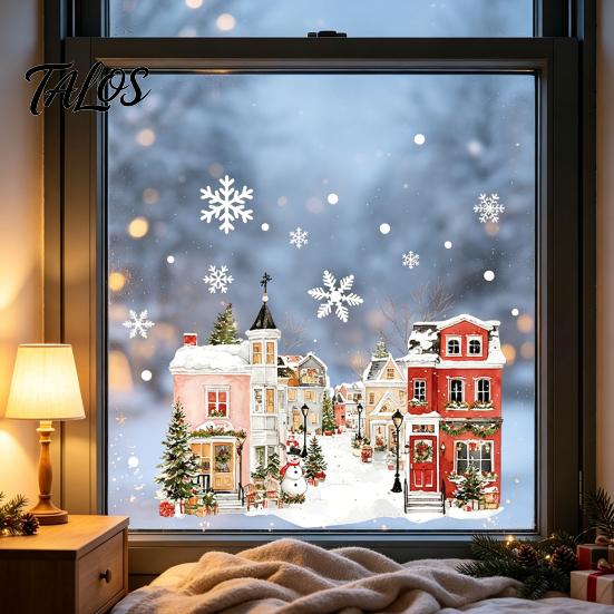 Decorative PVC Stickers Christmas Static Window Clings, Snowy Town House Snowflake Glass Decals, Reusable Winter Wonderland Film Xmas Stickers,