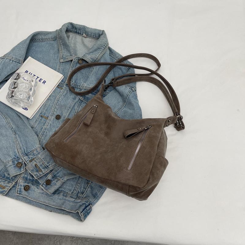 Retro Shoulder Bags For Women Frosted Leather Dual Straps Commuter Crossbody Bag  Winter New Big Capacity Bucket Totes