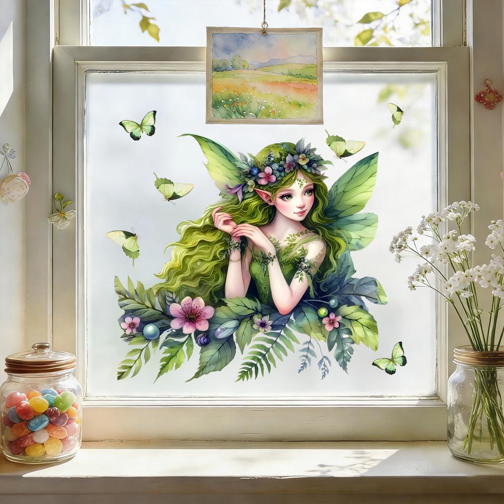 Green Elf Fairy Glass Stickers for Children's Room, Bedroom and Living Room