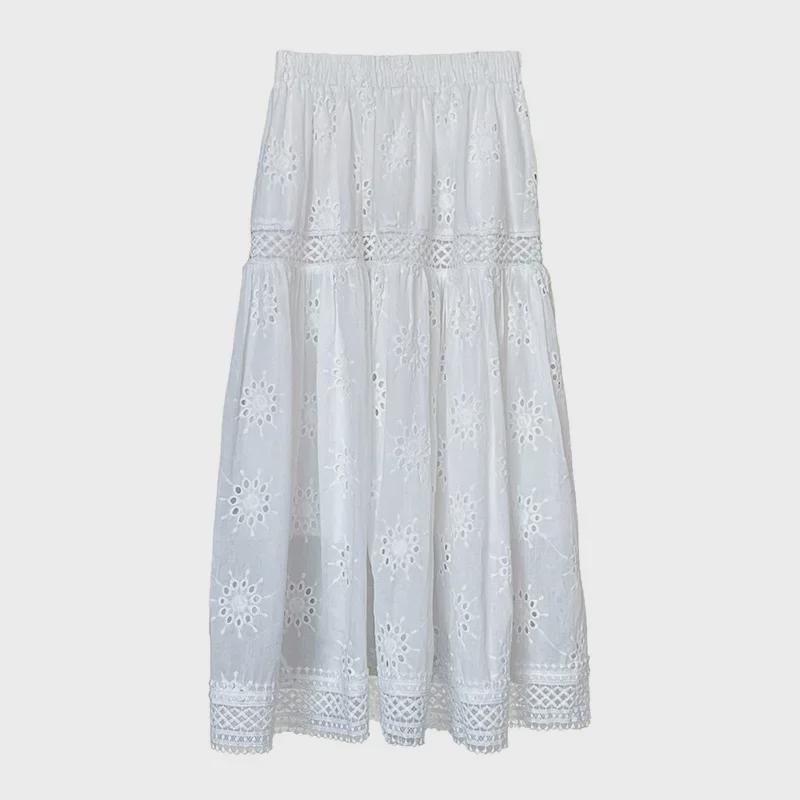 "Little Fresh" Solid Color Lace Hollow Cotton Umbrella Skirt - Women’s White Skirt