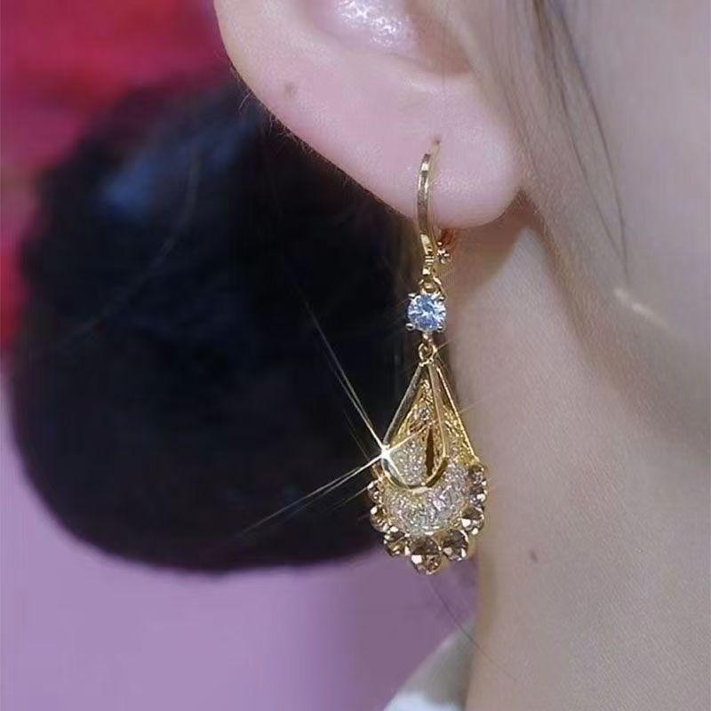 Elegant Gold Mesh Teardrop Earrings with Brown Crystals - Women's Luxury Fashion