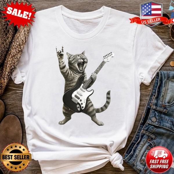 Funny Cat Playing Guitar T-Shirt | Rock Gamer Graphic T-Shirt - Up to 5XL