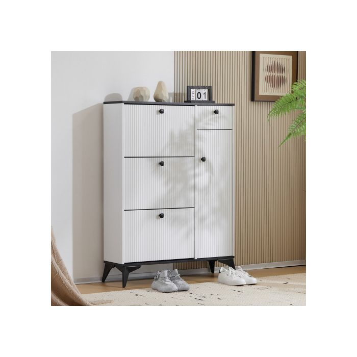 Meuble À Chaussures - MUVOE - 3 Étagères - 1 Tiroir - 1 Porte - Blanc Moderne