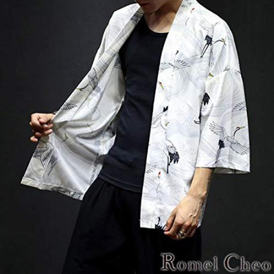 RomelCheo Crane Pattern Haori Loose Japanese Cool Jacket for Summer and Fashionable for Men and Harajuku Street RomelCheo Cardigan, Fit, 3/4 Sleeves,