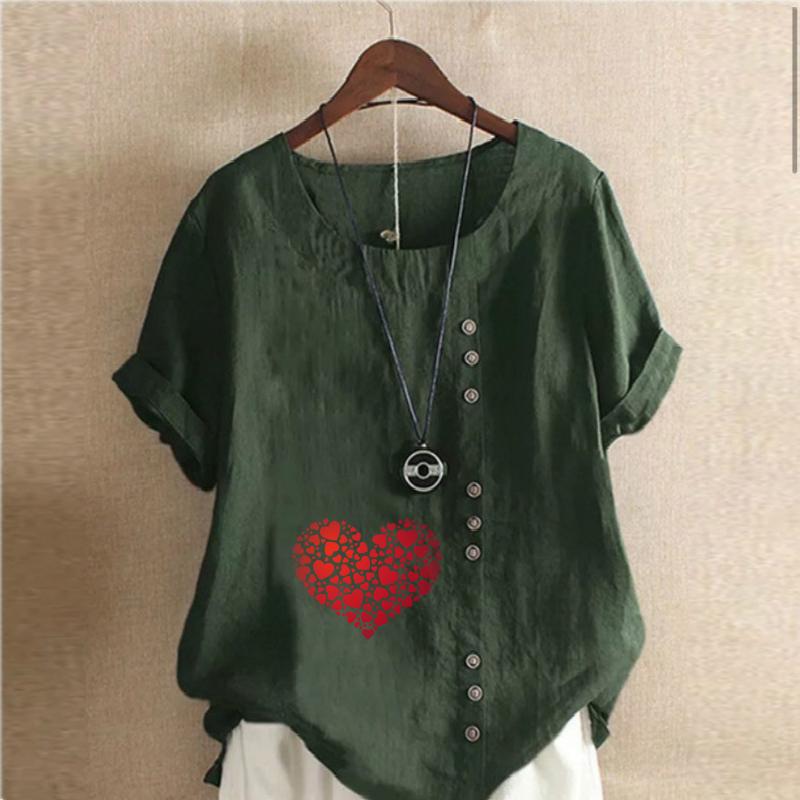 Women's Fashion Round Neck Short Sleeve T-shirt Casual Cotton Linen Graphic Shirt Leisure Loose Heart-shaped Prined Summer Blouse Tops