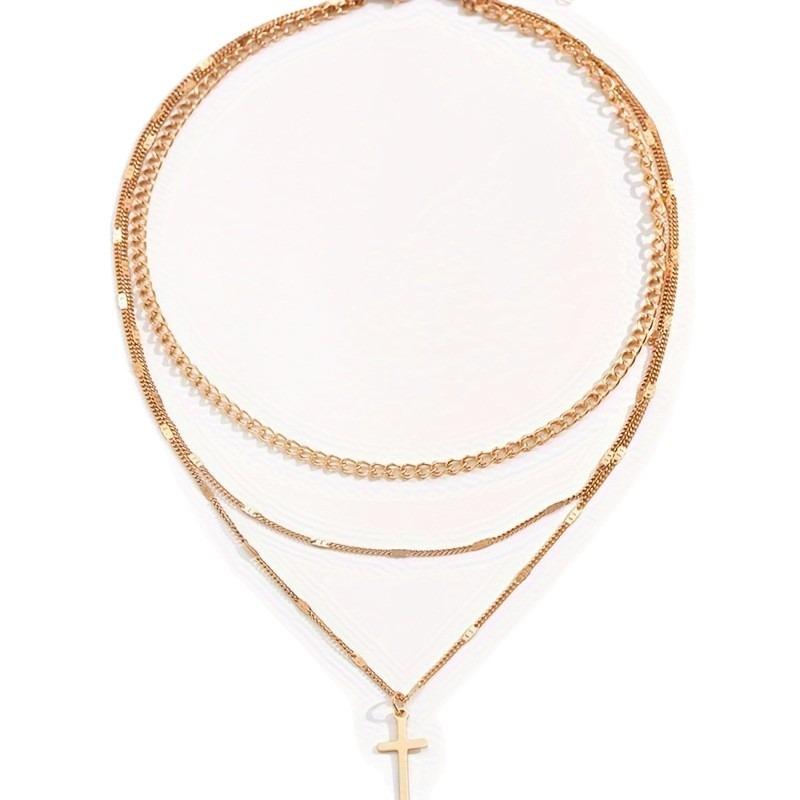 Women Fashion Versatile Cross Pendant Gold Chain Sweater Necklace