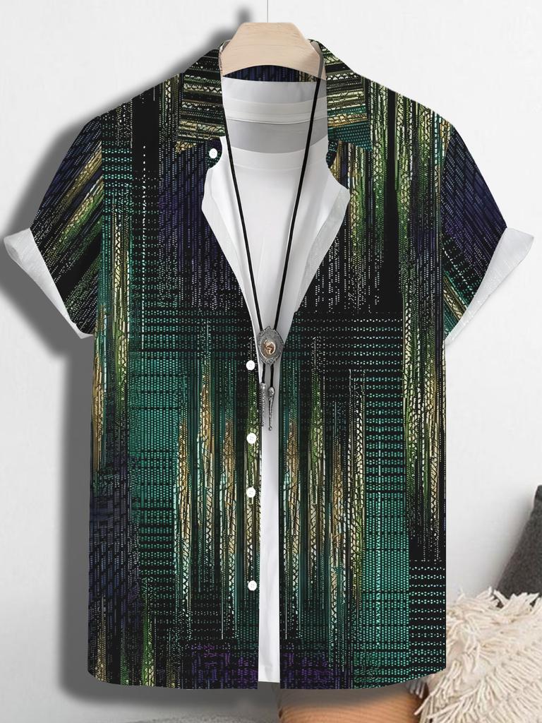 Men'S Casual Shirt with a Tropical Green Striped Pattern from Hawaii - Featuring a Short Sleeve Button Design, Perfect for Summer Outdoor And Casual
