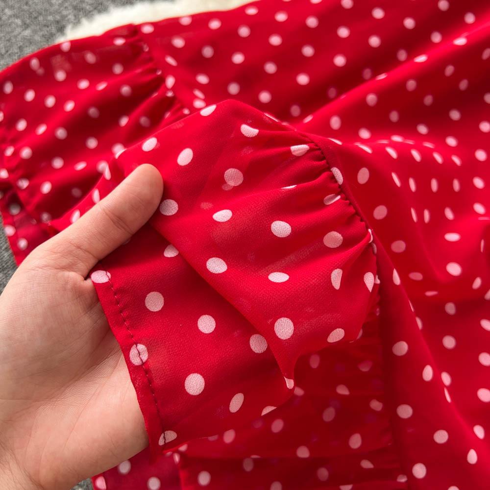 Women Polka Dot Two Piece Set Summer Short Drawstring Tops + High Waist Long Skirt 2pcs Suit Outfits Red Purple Black