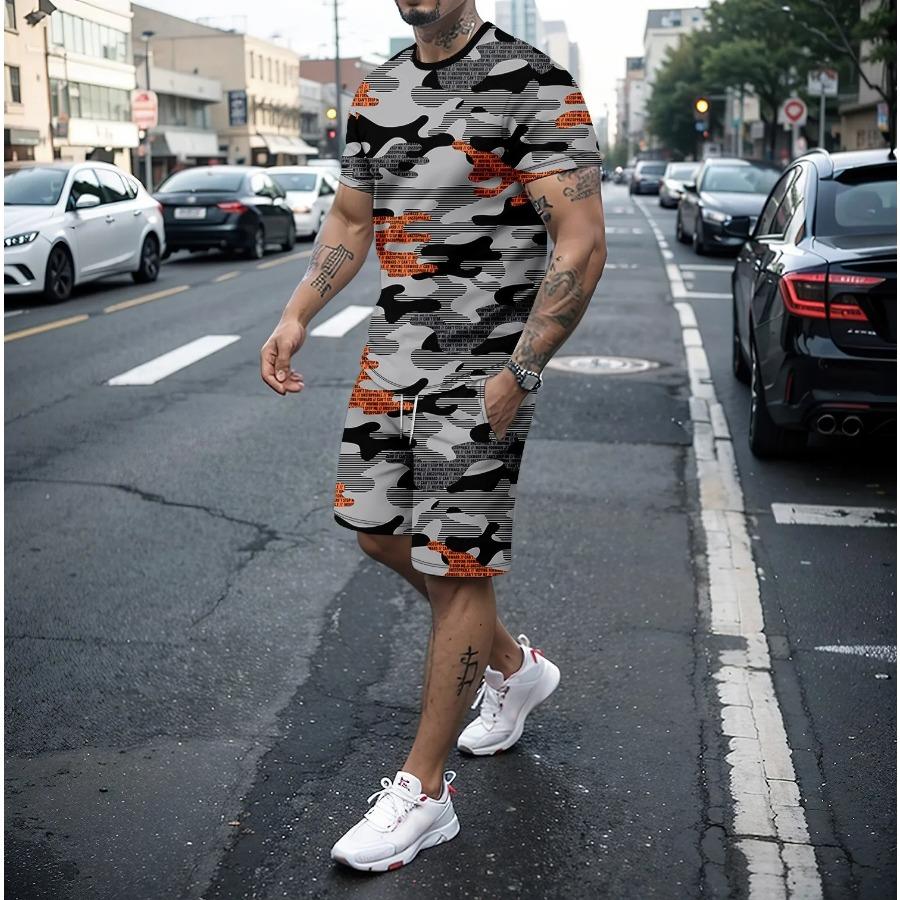 

2024 Новый летний мужской комплект из двух частей с короткими рукавами и 3D-шортами, мужской повседневный камуфляжный комплект для бега и путешествий на открытом воздухе, мужская одежда XL