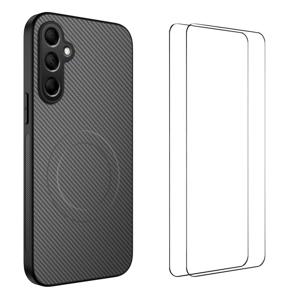 For Samsung Galaxy S25 Magnetic Case WANLONFENG TQ1 Series Carbon Fiber Texture PC TPU Phone Cover with 2Pcs Screen Films